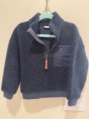 Kids Navy Sherpa Pullover Jacket with Zip Chest Pocket